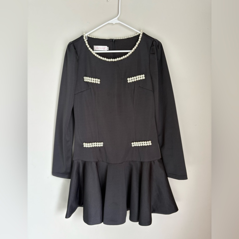 Black Mini Flare Dress with Pearl Accents